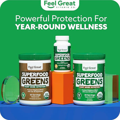 Feel Great Vitamins Super Greens Tablets | Organic Greens, Fruits and Veggies Supplement | Fruit and Veggie Supplement with Kale, Spinach Extract, Green Onion, and More, 60 Tablets
