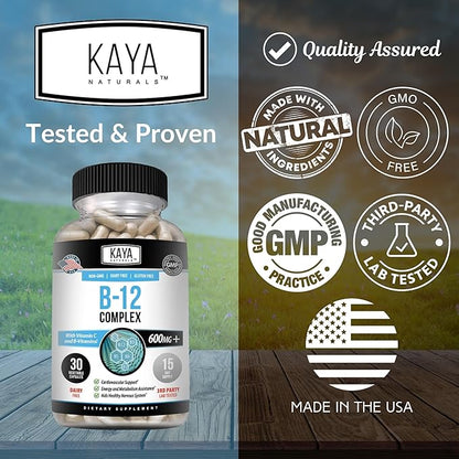 Kaya Naturals B-12 Complex | Multivitamin Supplement for Women & Men Energy and Metabolism Booster | B-Complex Vitamin with Biotin, Choline, Inositol, Folate, and Vitamin C - 30 Capsules
