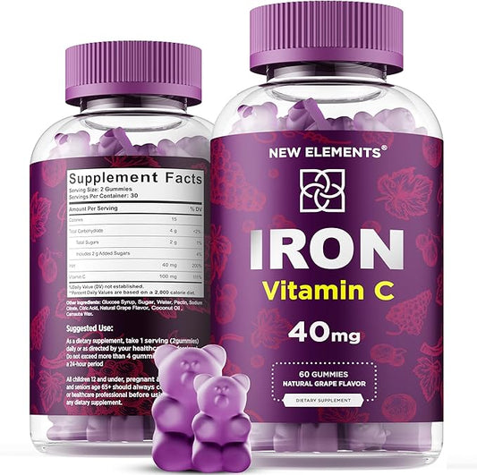 Iron Supplement for Women & Men with Vitamin C, Iron Gummies for Adults 40mg Iron and 100mg Vitamin C, Free Blood Builder for Anemia, Natural Grape Flavor, 30 Day Supply