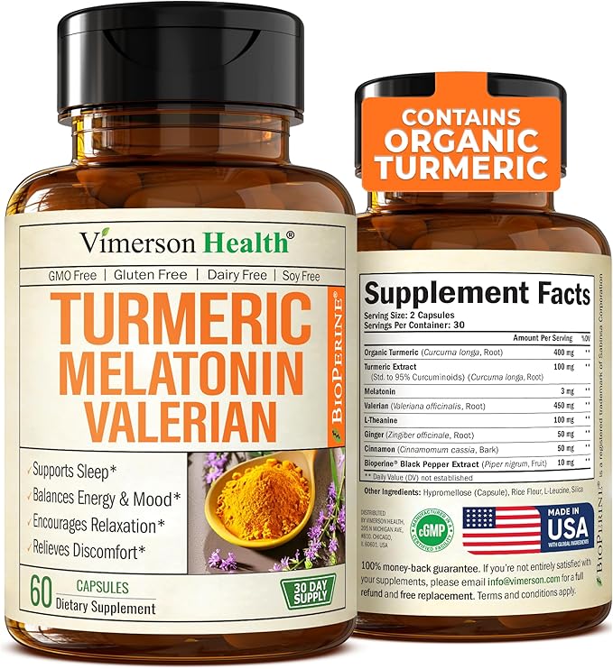 Turmeric, Melatonin & Valerian Root Sleep Aid Supplement. Natural Sleep Aid for Adults with L-Theanine, Ginger & Black Pepper Extract. Melatonin 3mg, Valerian Root Capsules. Relaxation & Sleep Support