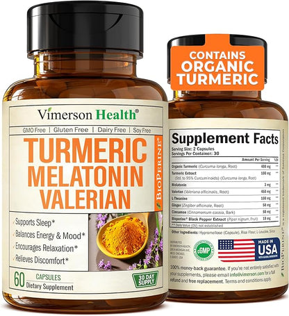 Turmeric, Melatonin & Valerian Root Sleep Aid Supplement. Natural Sleep Aid for Adults with L-Theanine, Ginger & Black Pepper Extract. Melatonin 3mg, Valerian Root Capsules. Relaxation & Sleep Support