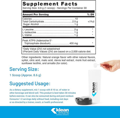 Klean ATHLETE Klean BCAA + Peak ATP | Amino Acid Supplement for Muscle Building, Workout Recovery, and Lean Muscle | 9.1 Ounces | Natural Orange Flavor