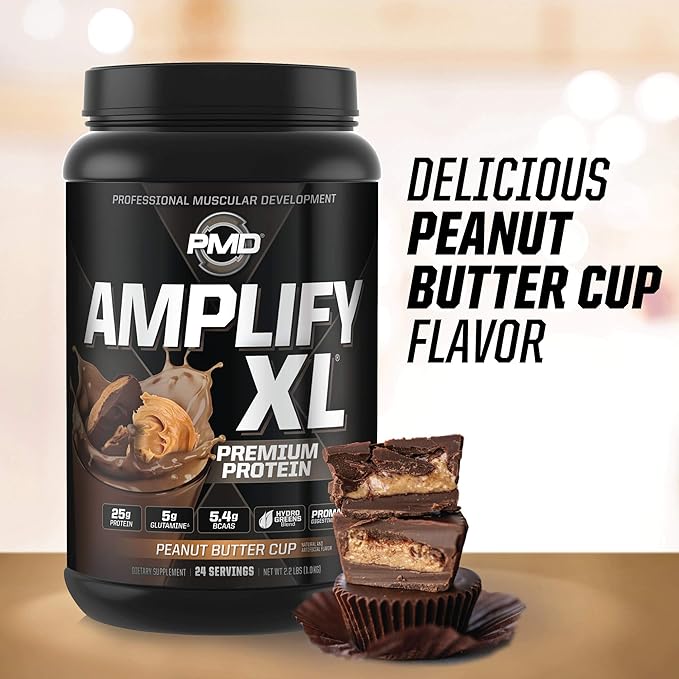 PMD Sports Amplify XL Premium Whey Protein Supplement Hydro Greens Blend - Glutamine and Whey Protein Matrix with Superfood for Muscle, Strength and Recovery - Peanut Butter Cup (24 Servings)