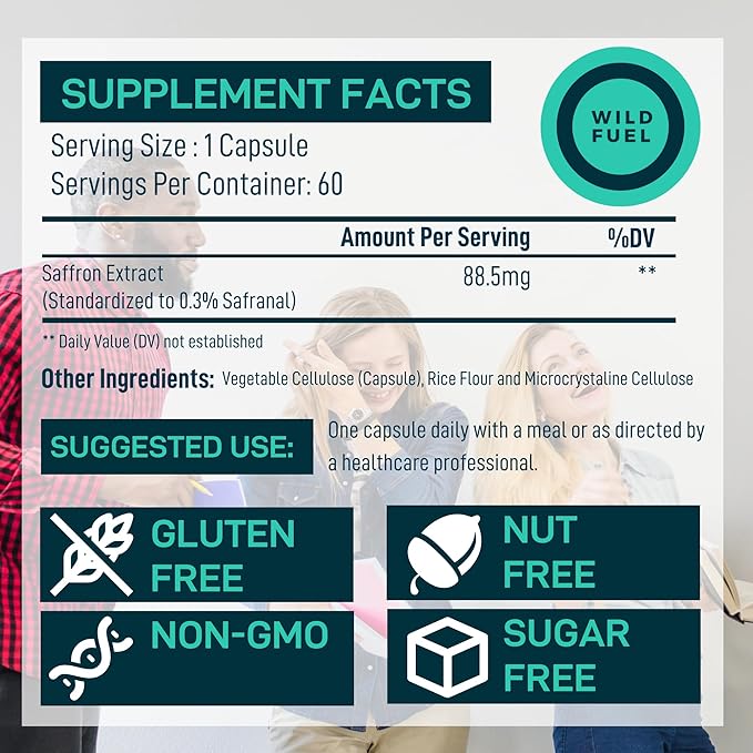 Saffron Supplements for Women and Men - 88.5mg Pure Saffron Extract - Antioxidant, Eye Health, Energy Support and Mood Booster - Vegan, Made in USA, 60 Organic Saffron Capsules Once Daily