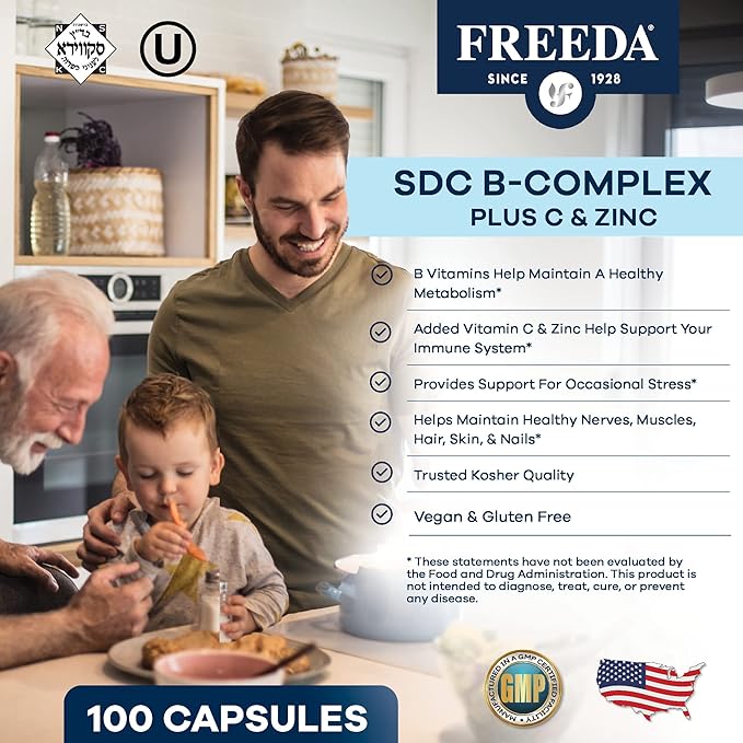 FREEDA Complete B Complex with Vitamin C & Zinc – SCD Legal Vitamin B Complex (B1, B2, B3, B6, B12) – 250 Vegetarian Capsules, Suitable for All Including SCD Diet Followers, Daily Health Support