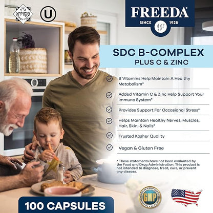 FREEDA Complete B Complex with Vitamin C & Zinc – SCD Legal Vitamin B Complex (B1, B2, B3, B6, B12) – 250 Vegetarian Capsules, Suitable for All Including SCD Diet Followers, Daily Health Support