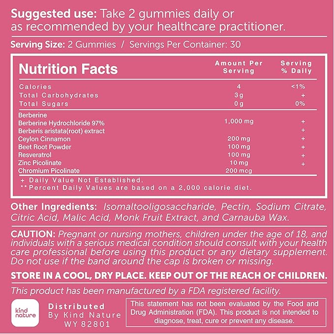 Kind Nature 1000mg Berberine Gummies - Sugar Free Natural Berberine Supplement Gummies with Ceylon Cinnamon & Beet Root - Non GMO, 3rd Party Tested Berberine Complex