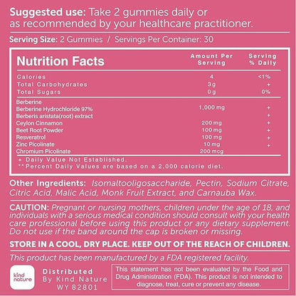 Kind Nature 1000mg Berberine Gummies - Sugar Free Natural Berberine Supplement Gummies with Ceylon Cinnamon & Beet Root - Non GMO, 3rd Party Tested Berberine Complex