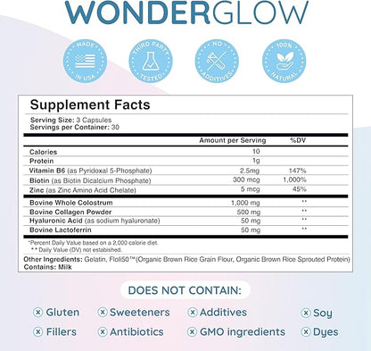 Hair Skin and Nails Vitamins w/Bovine Colostrum, Collagen, Hyaluronic Acid, Biotin, Zinc, & Lactoferrin┃Supports Faster Hair Growth, Stronger Nails and Glowing Skin (30 Servings, Capsule)