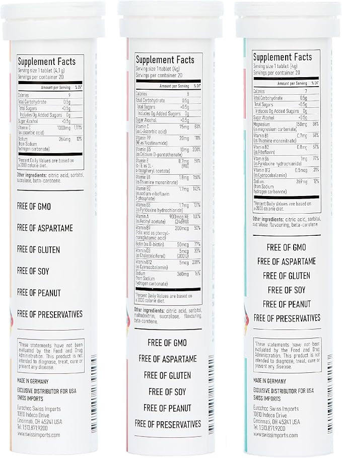 Effervescent Variety Pack with Vitamin C 1000mg, Magnesium + B Complex, Multivitamin + Biotin, 6-Pack, 120 Tablets