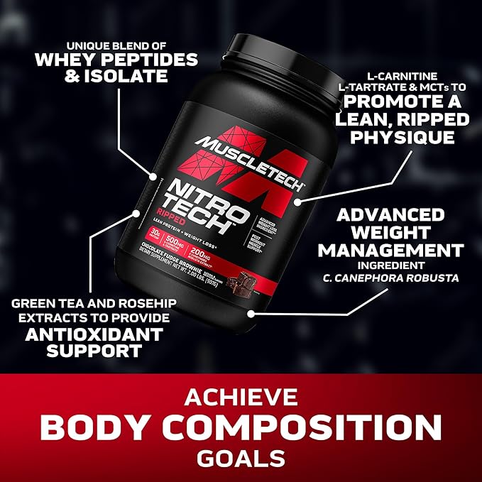 Muscletech Whey Protein Powder (Chocolate Fudge Brownie, 2LB) - Nitro-Tech Ripped Whey Protein Isolate & Peptides Smoothie Mix for Lean Muscle & Fast Recovery - 30g of Whey Protein for Women & Men