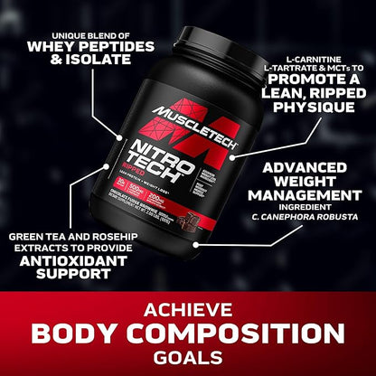 Muscletech Whey Protein Powder (Chocolate Fudge Brownie, 2LB) - Nitro-Tech Ripped Whey Protein Isolate & Peptides Smoothie Mix for Lean Muscle & Fast Recovery - 30g of Whey Protein for Women & Men