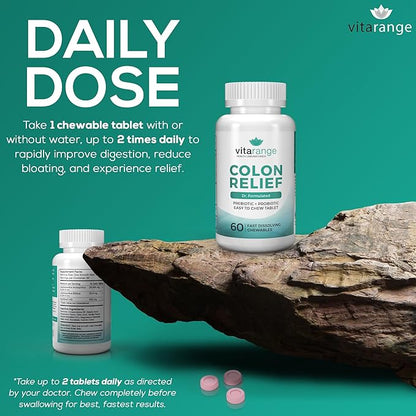 Colon Relief by VitaRange- Fast Constipation and Bloating Relief with Sunfiber Prebiotic Fiber and Pre + Probiotics for Digestive Health - 60 Chewable Strawberry Tablets – Doctor Formulated Probiotics