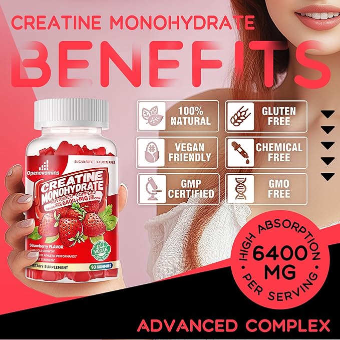 Creatine Monohydrate Gummies Complex 6400mg for Men & Women -Advanced Formula W/L-Taurine + Vitamin B12, Sugar Free Chewable Supplement,90 Strawberry Gummies