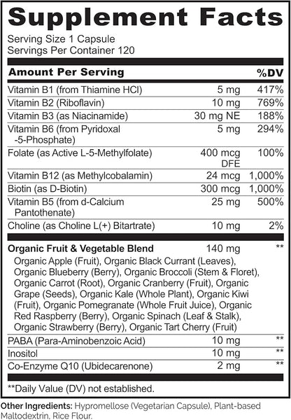 NATURELO Vitamin B Complex with Methyl B12, Methyl Folate, Vitamin B6, Biotin Plus Choline, CoQ10, and Fruit & Vegetable Blend - Supports Energy & Healthy Stress Response - Vegan - 120 Capsules