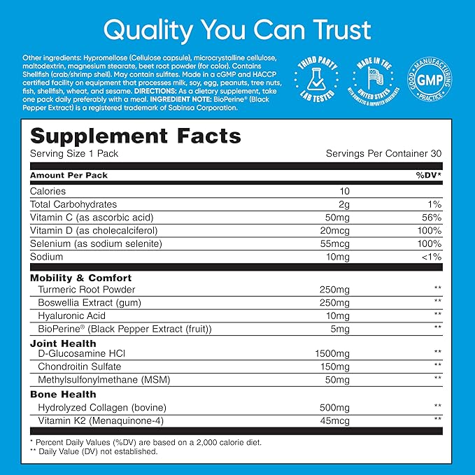 Mobility & Bone Support Daily Multivitamin Supplement, Joint Care and Repair, Mobility, Vitamin D, C, K2, Collagen, Hyaluronic Acid, Turmeric, Glucosamine, Chondroitin (30 Pack)