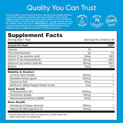 Mobility & Bone Support Daily Multivitamin Supplement, Joint Care and Repair, Mobility, Vitamin D, C, K2, Collagen, Hyaluronic Acid, Turmeric, Glucosamine, Chondroitin (30 Pack)