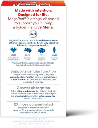 Megared Omega-3 Fish Oil + High Absorption Krill Oil 500mg Softgels, MegaRed Advanced 4in1 (80 count in a bottle) Concentrated Omega-3 Fish & Krill Oil Supplement