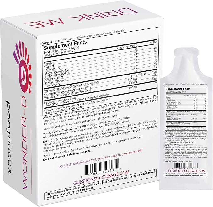 Codeage Liposomal Vitamin D3 Liquid Supplement Sachet, Wonder-D Cholecalciferol Vegan Liquid Multivitamin, Plant-Based Vitamins K2 B12, Non-GMO Phospholipids, Vitamin E, Berry Flavor - 30 Pouches