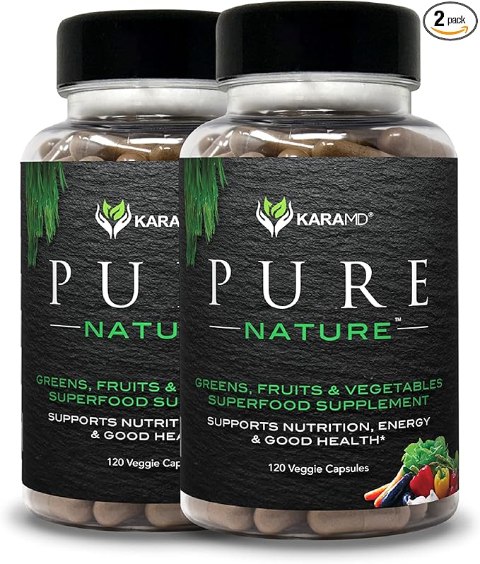 KaraMD Pure Nature | Greens, Fruits & Vegetables Whole Food Supplement | Vitamins, Fiber & Antioxidants | Support Energy & Digestion | Non-GMO, Gluten Free & Vegan Friendly | 2 Pack