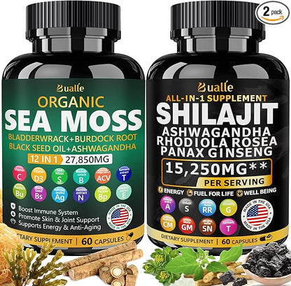Sea Moss and Shilajit Bundle - 60 Count - Sea Moss 18000mg, Black Seed Oil 4000mg, Ashwagandha 1000mg, Ginger & Shilajit 9000mg, Rhodiola Rosea 1000mg, All in 1 Supplements (2 Pack)