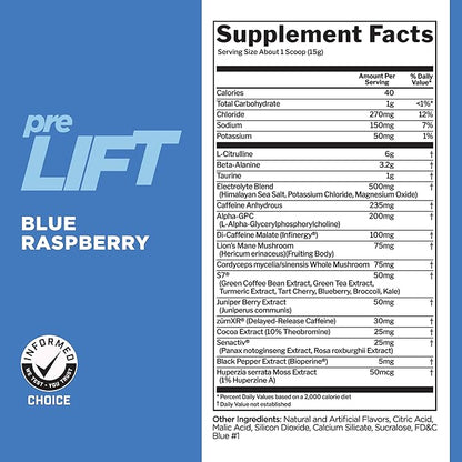 Rule 1 preLIFT Pre-Workout, 6g Citrulline, 3.2g Beta Alanine, 3 Caffeine Sources + 20 Others for Energy, Alertness, & Endurance (30 Servings, Blue Raspberry)