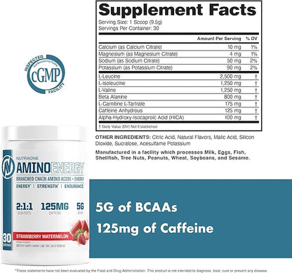 NutraOne Amino Energy BCAA Powder Pre-Workout Supplement with Caffeine Branched Chain Amino Acids to Help Fuel and Recover* (Strawberry Watermelon - 30 Servings)