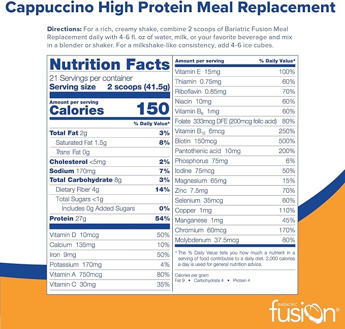 Bariatric Fusion Cappuccino Meal Replacement 27g Protein Powder, 21 Serving Tub for Bariatric Surgery Patients Including Gastric Bypass & Sleeve Gastrectomy - No Gluten, Aspartame or Sugar