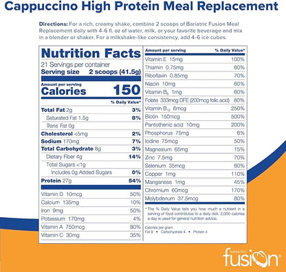 Bariatric Fusion Cappuccino Meal Replacement 27g Protein Powder, 21 Serving Tub for Bariatric Surgery Patients Including Gastric Bypass & Sleeve Gastrectomy - No Gluten, Aspartame or Sugar
