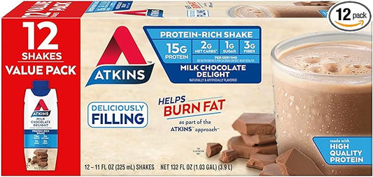 Atkins Milk Chocolate Delight Protein Shake, 15g Protein, Low Glycemic, 2g Net Carb, 1g Sugar, Keto Friendly, 12 Count