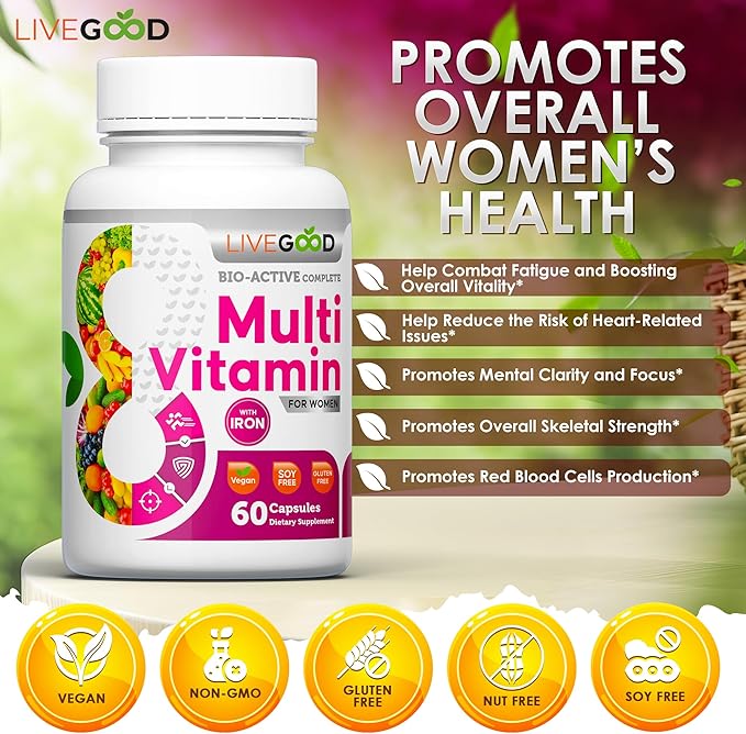 LIVEGOOD™ Women's Bio-Active Complete Multivitamin with Iron, Vitamin A, B12, C, E, Lycopene, Vegan, 60 Capsules