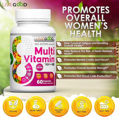 LIVEGOOD™ Women's Bio-Active Complete Multivitamin with Iron, Vitamin A, B12, C, E, Lycopene, Vegan, 60 Capsules
