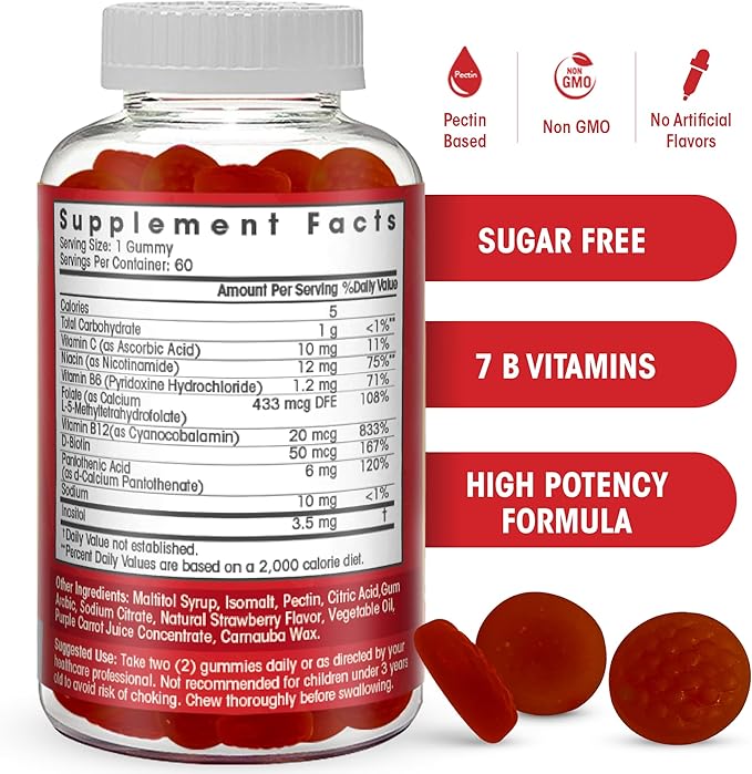 Sugar Free Vitamin B Complex Gummies - Vitamin B12, B7, B6, B3 (Niacin), B5, B8, B9 (Folate)- Third Party Tested- Prenatal, Vegan Diet, Older Adults - B Complex Vitamin Supplement- 60 Gummy Bottle