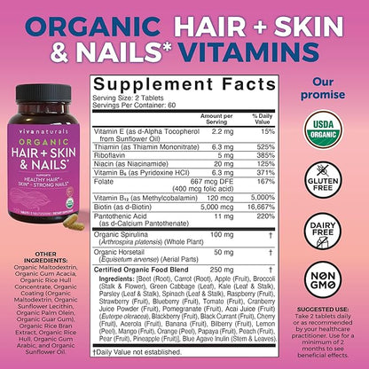 Hair Skin and Nails Vitamins for Women - Vegetarian-Friendly Organic Biotin Vitamins for Hair Skin Nails Health Support with Vitamin E & Biotin 5000 mcg to Help Produce Keratin -120 Biotin Supplement