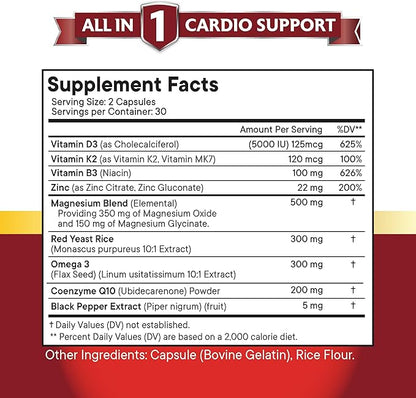 NEW AGE COQ10 200mg Red Yeast Rice 3000mg Omega 3-6-9 3000mg Magnesium Complex 500mg Zinc Vitamin K2 D3 - Heart Health Support Vitamins for Women and Men with Vitamin B3, Coenzyme Q10-60 Count