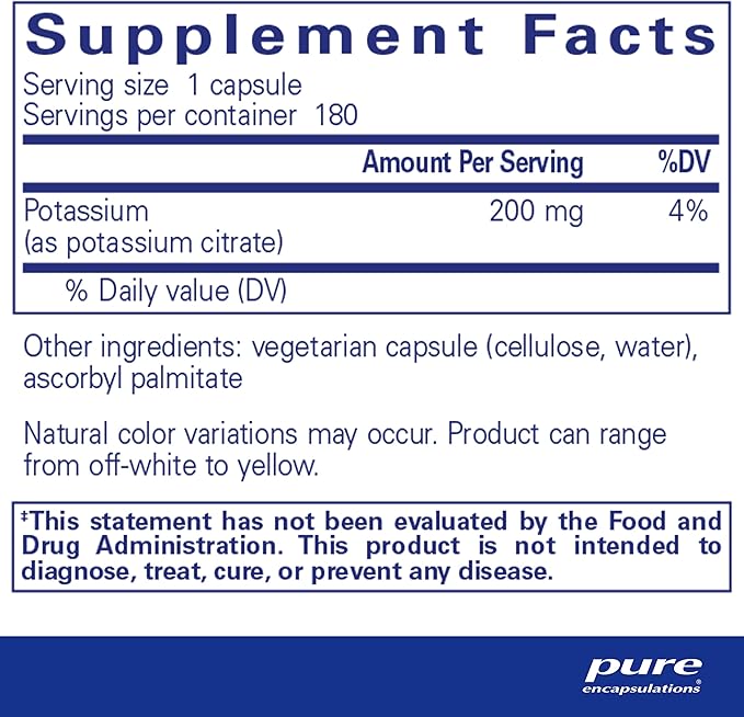 Pure Encapsulations Potassium (Citrate) - Essential Electrolyte Supplement to Support Nerve & Muscle Function, Adrenals, Hormones, Heart Health & Energy* - Potassium Citrate Capsule - 180 Capsules