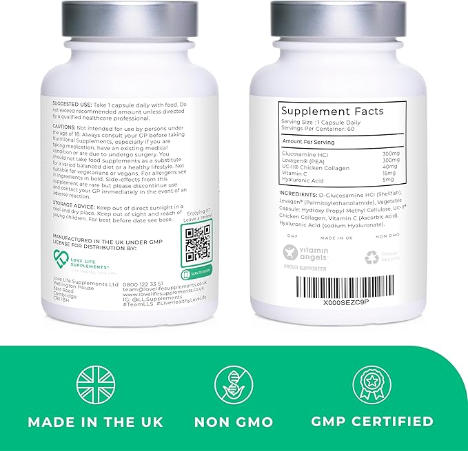 Joint Support, 2 Month Supply - 60 Capsules, with Glucosamine, Vitamin C, Hyaluronic Acid, Levagen® + UC-II® Chicken Collagen Type 2 for Joint Pain Relief, Joint Care Supplements for Men & Women