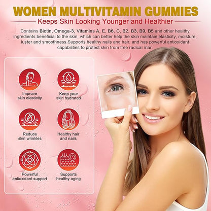 NEVISS Womens Multivitamin Gummies, Sugar-Free Methylated Multivitamin for Women/w Omega-3, Enzymes & Probiotic, Calcium, Vitamin C, D3, Folate, Biotin, Inositol - Skin, Hair Growth, All Over Health.