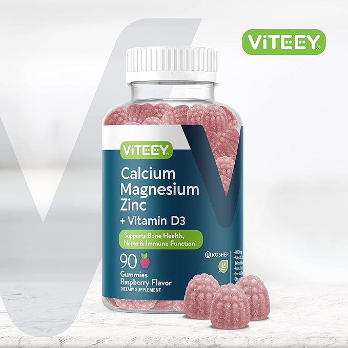 Calcium Magnesium Zinc Gummies with Vitamin D3 - Supports Bone Health, Nerve & Immune Function - Calcium Magnesium Zinc D3 Supplement for Adults & Teens - GMO Free - Chewable Raspberry Flavored Gummy