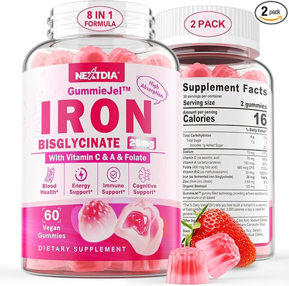 Iron Bisglycinate 26mg Filled Gummies- Gentle Beet Root Iron Gummy plus Vitamin C, Supplement Iron with B12 & Folate for Women & Men, Iron Deficiency, Immune & Energy Support, Sugar-Free, Vegan,120Cts