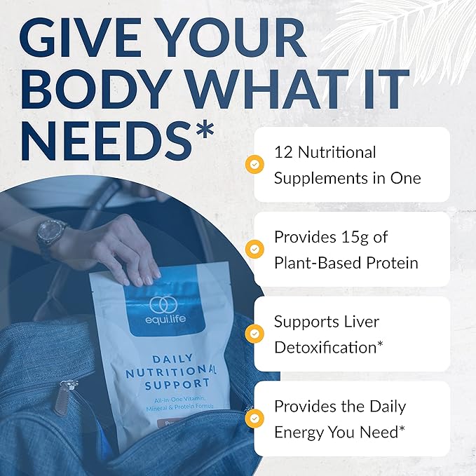 Equilife - Daily Nutritional Support, Organic and Plant Based Protein Powder, All-in-one Multivitamin, Boost Energy and Mood, Gut-Cleansing Aid and Skin Health (Pure Chocolate,14 Servings Bag)