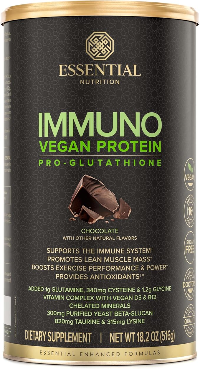 Immuno Vegan - Plant-Based Protein Powder, 16g Protein Per Serving, Added Amino Acids & Multivitamin - Beta Glucan, Glutathione Production - Chocolate - 18.2oz