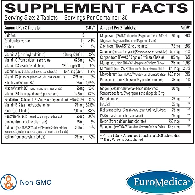 Euromedica Essential Multivitamin - Dietary Supplement to Aid Bone, Cardiovascular & Immune Health - Supplement with Chelated Minerals - Supplement with B-Vitamins & Vitamin C - 60 Tablets