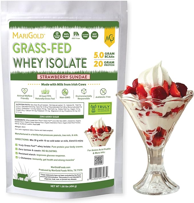 MariGold Grass-fed Whey Protein Isolate Powder - Strawberry Sundae Flavor - 1 Lb Bag | 100% Pure, Cold-Processed, Micro-Filtered, Undenatured, Non-GMO, rBGH Free, Soy Free, Gluten Free, Lactose Free