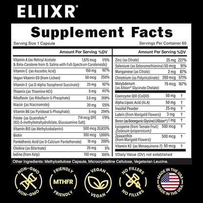 Methylated Multivitamin for Men and Women | Methyl B12, Methylfolate, 5-MTHF, Vegan, Iron-Free, Energy & Immune Support | 60 Vegetable Capsules | Manufactured in The USA