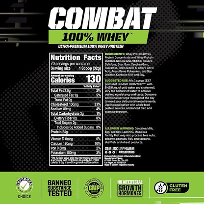 MusclePharm Combat 100% Whey Protein Powder, Strawberry Cream Flavor, Fast Recovery & Muscle Gain with Whey Protein Isolate, High Protein Powder for Women & Men, Gluten Free, 5 lb, 70 Servings