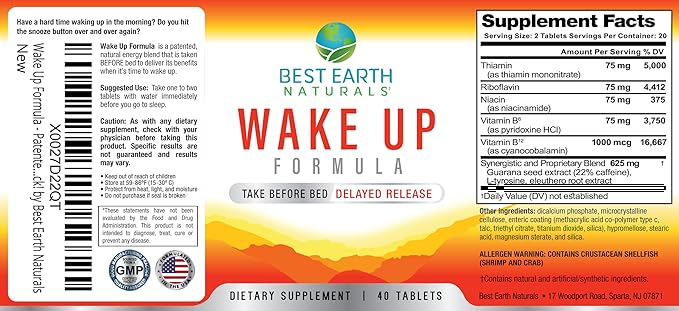Best Earth Naturals Wake Up Formula, Supplement Delayed Time Release Energy 40 Count