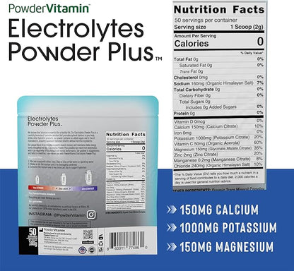 Electrolytes Powder Plus (50 Servings) Unflavored Electrolyte Powder Keto, Sugar Free, Pink Himalayan Salt.,1000mg Potassium,150mg Calcium,150mg Magnesium, Hydration Powder NO STEVIA