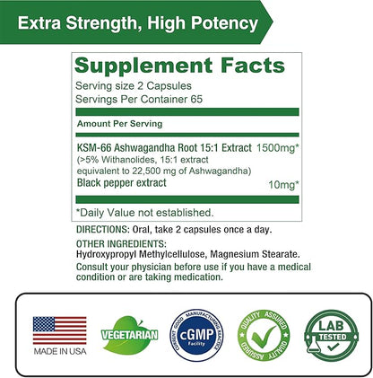 Lovita KSM-66 Ashwagandha | Highly Concentrated 22,500mg Equivalent | 5% Withanolide | 95% Black Pepper Piperine | Stress Relief & Energy Support | Vegan, Gluten Free | 130 Capsules (Pack of 3)