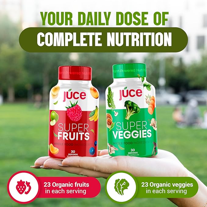 Júce Super Fruits & Super Veggies Capsules - Gluten/Gelatin Free, Non GMO, Soy Free & Vegan - Reds & Greens Superfood Capsules - 23 Fruits & 23 Vegetables - 180 Count